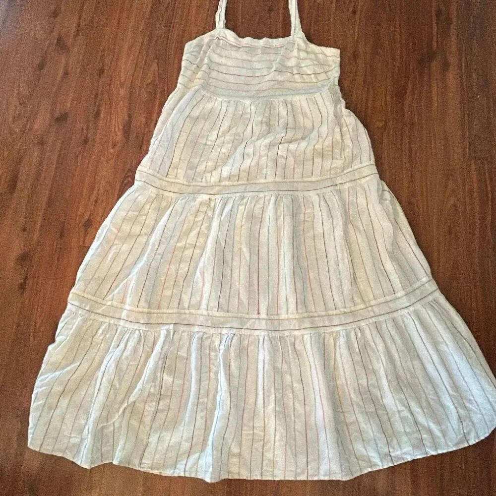 LOFT linen blend spaghetti strap tiered maxi dress cream blue size 18